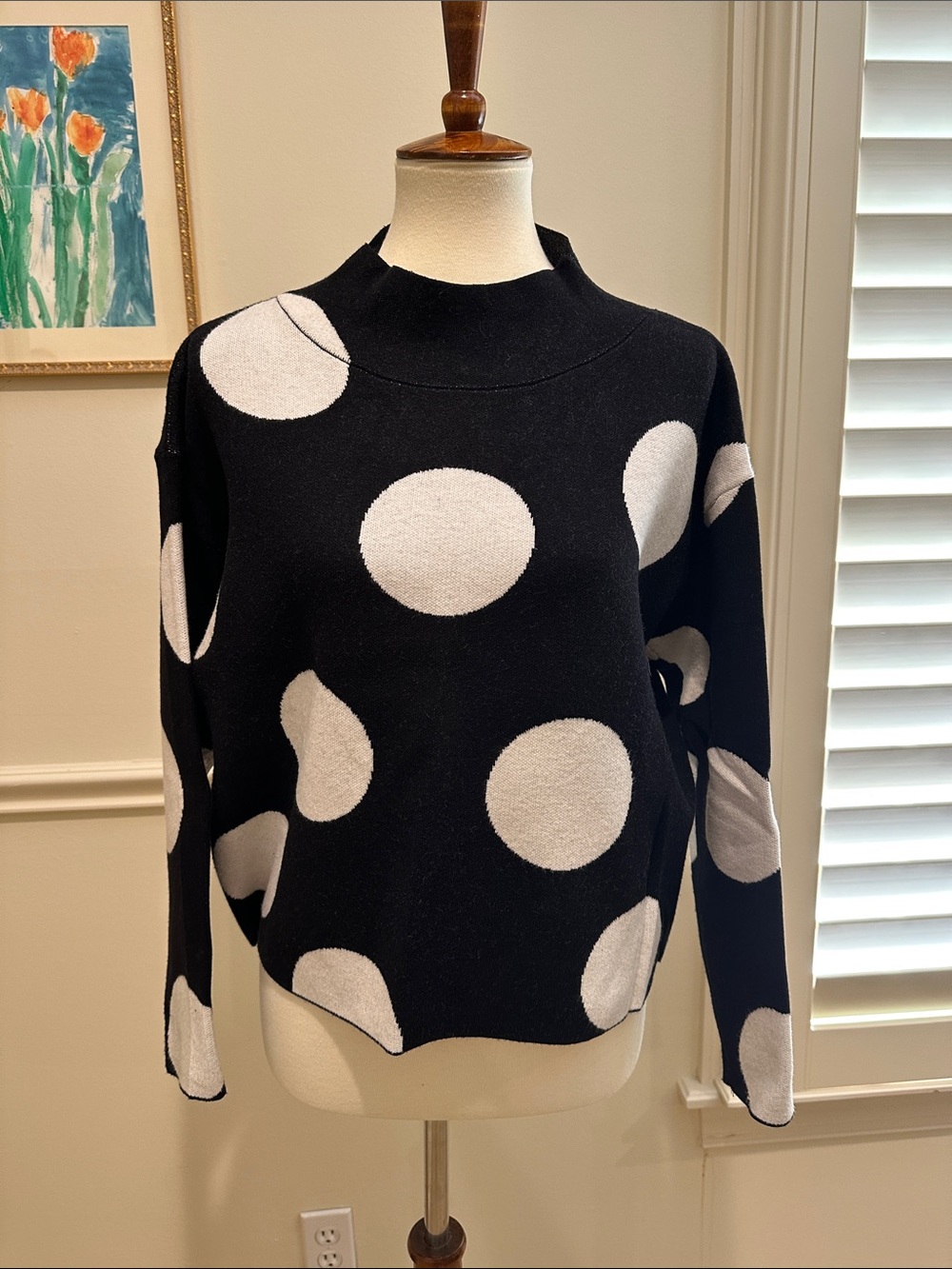 Maeve Black Sweater with Large White Polka Dots